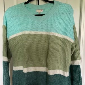 SO Women's Colorblock Crew Neck Sweater - Mint, Olive, Teal, and White